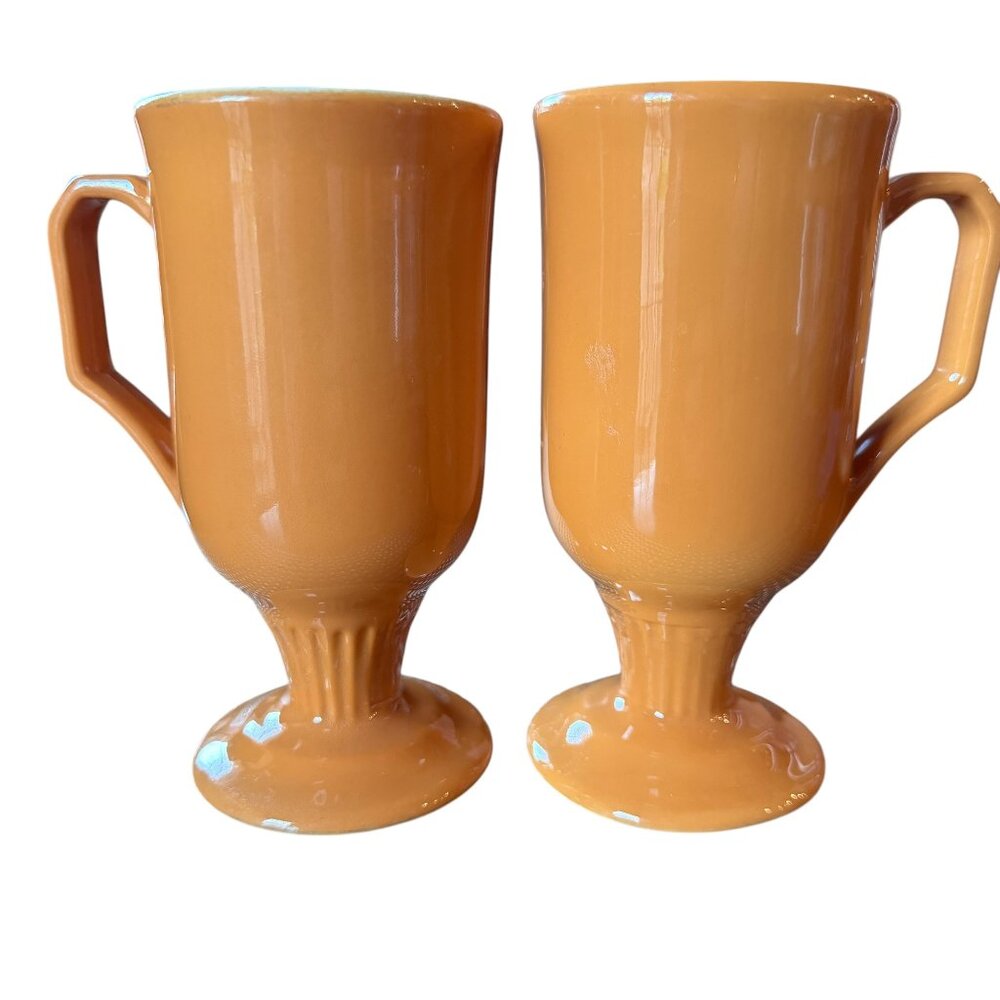 Vtg MCM Shenango China Pedestal Footed Mugs Set Of 2 Orange Irish Coffee Tea